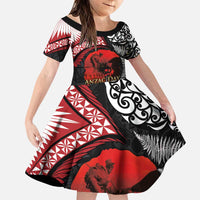 Tonga and New Zealand ANZAC Day Family Matching Puletasi and Hawaiian Shirt Gallipoli Lest We Forget Ngatu Art Tribal and Maori Tattoo with Fern LT03 Daughter's Dress Black - Polynesian Pride