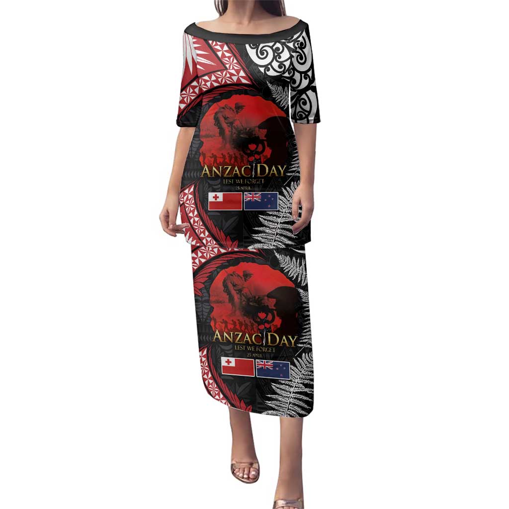 Tonga and New Zealand ANZAC Day Family Matching Puletasi and Hawaiian Shirt Gallipoli Lest We Forget Ngatu Art Tribal and Maori Tattoo with Fern LT03 Mom's Dress Black - Polynesian Pride