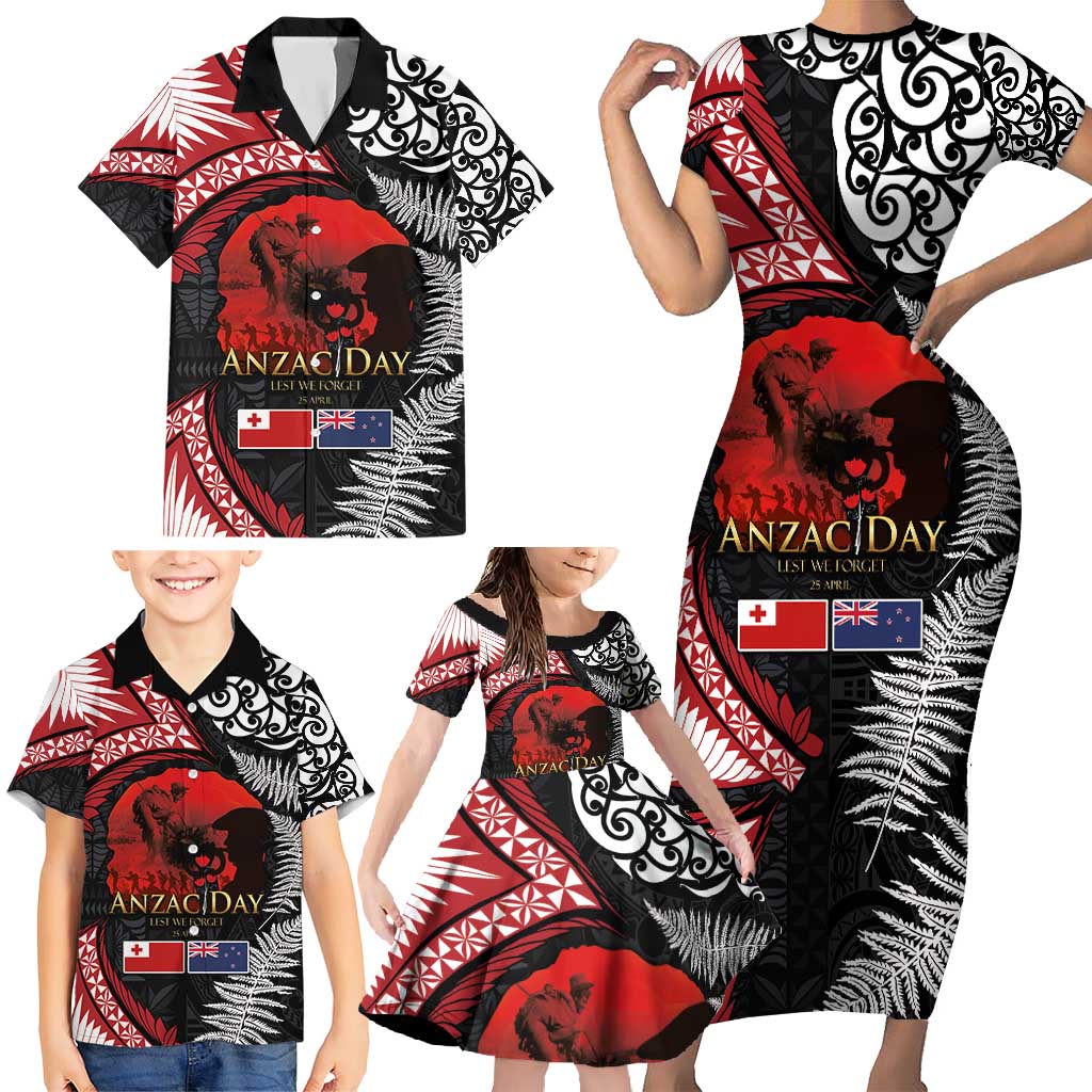 Tonga and New Zealand ANZAC Day Family Matching Short Sleeve Bodycon Dress and Hawaiian Shirt Gallipoli Lest We Forget Ngatu Art Tribal and Maori Tattoo with Fern LT03 - Polynesian Pride