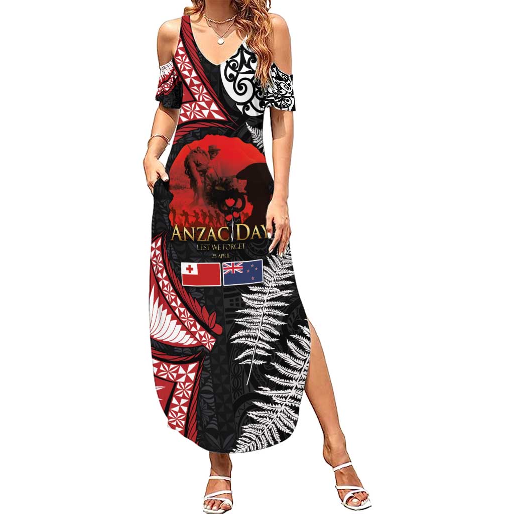Tonga and New Zealand ANZAC Day Family Matching Summer Maxi Dress and Hawaiian Shirt Gallipoli Lest We Forget Ngatu Art Tribal and Maori Tattoo with Fern LT03 Mom's Dress Black - Polynesian Pride
