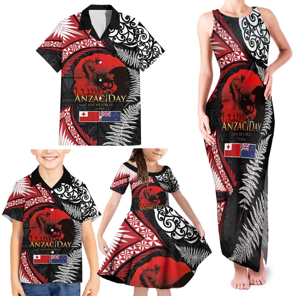 Tonga and New Zealand ANZAC Day Family Matching Tank Maxi Dress and Hawaiian Shirt Gallipoli Lest We Forget Ngatu Art Tribal and Maori Tattoo with Fern LT03 - Polynesian Pride