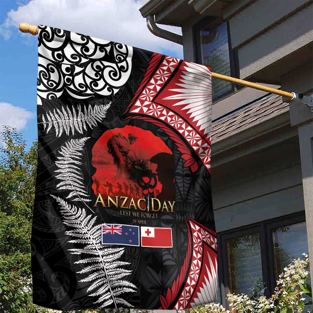 Tonga and New Zealand ANZAC Day Garden Flag Gallipoli Lest We Forget Ngatu Art Tribal and Maori Tattoo with Fern LT03 - Polynesian Pride