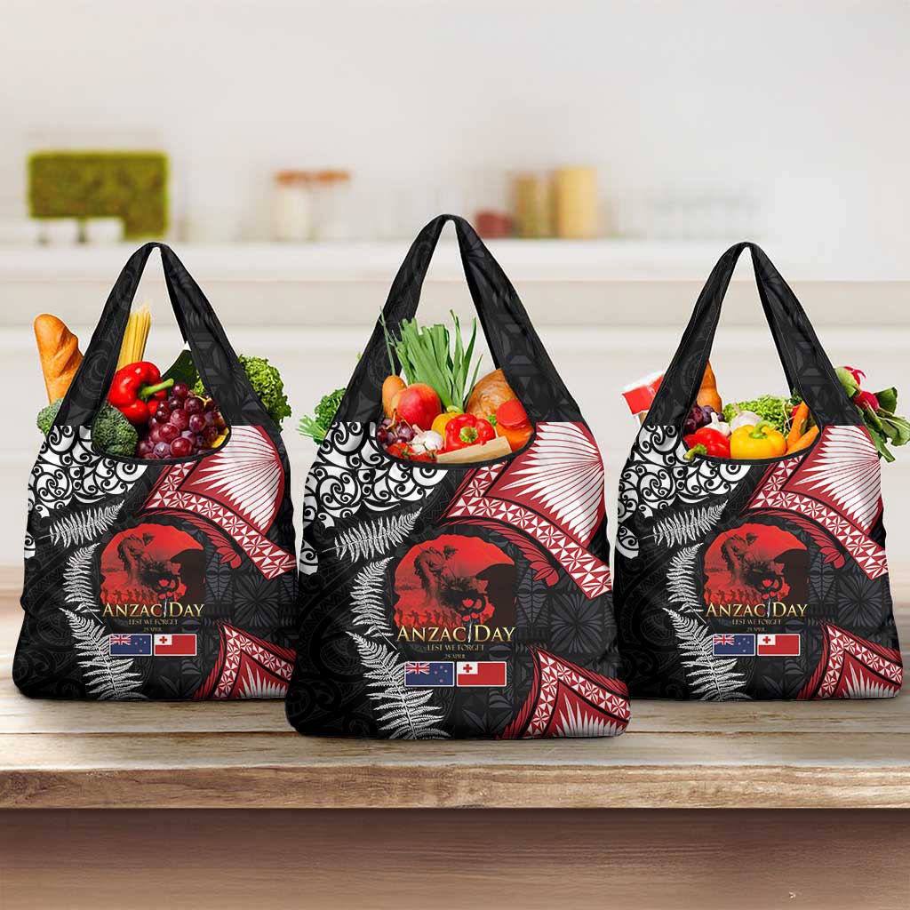 Tonga and New Zealand ANZAC Day Grocery Bag Gallipoli Lest We Forget Ngatu Art Tribal and Maori Tattoo with Fern LT03 3-pack One Size Black - Polynesian Pride