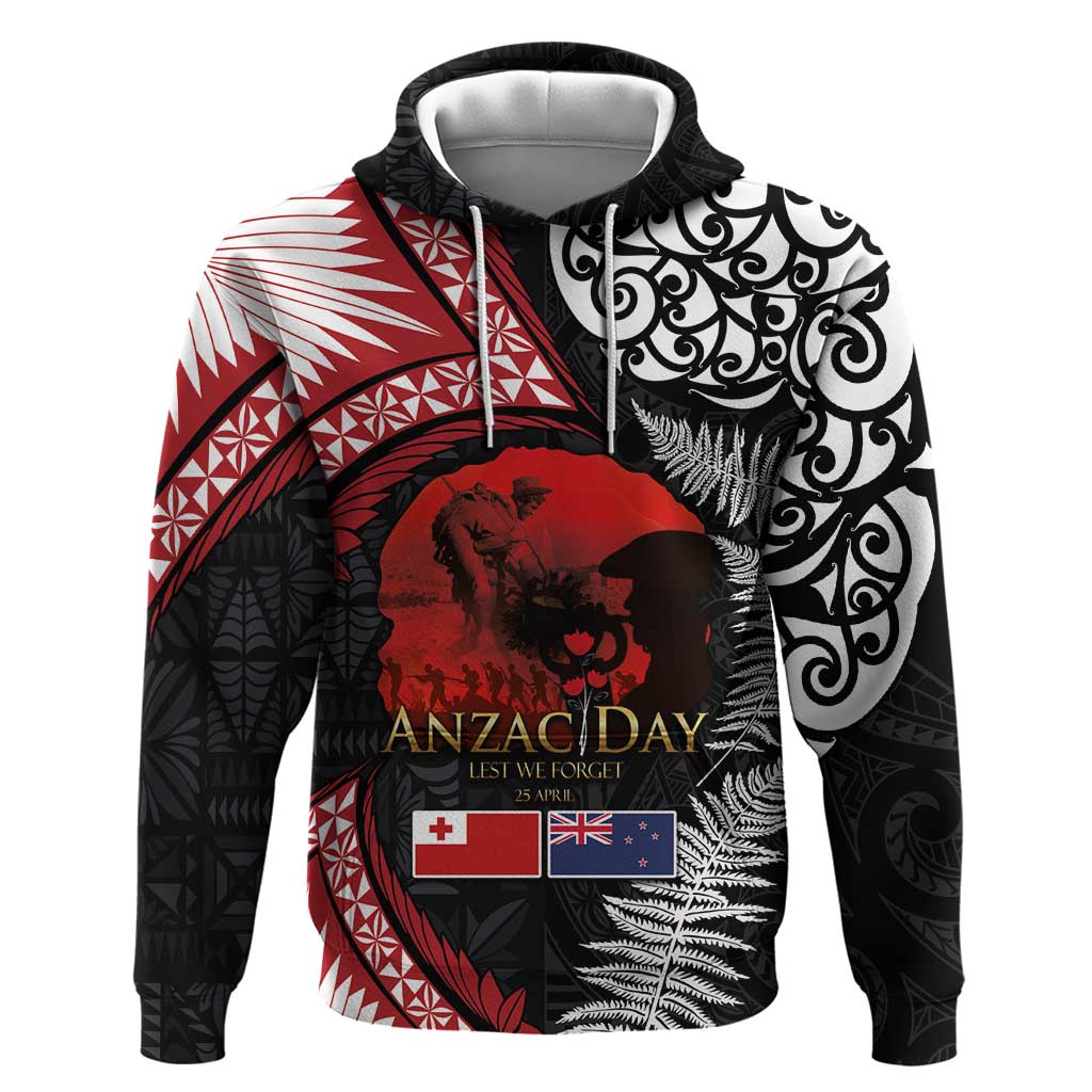 Tonga and New Zealand ANZAC Day Hoodie Gallipoli Lest We Forget Ngatu Art Tribal and Maori Tattoo with Fern LT03 Pullover Hoodie Black - Polynesian Pride