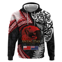 Tonga and New Zealand ANZAC Day Hoodie Gallipoli Lest We Forget Ngatu Art Tribal and Maori Tattoo with Fern LT03 Pullover Hoodie Black - Polynesian Pride