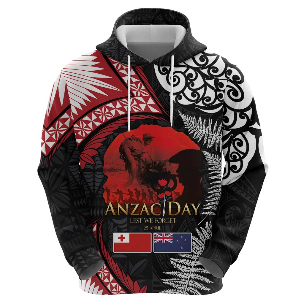 Tonga and New Zealand ANZAC Day Hoodie Gallipoli Lest We Forget Ngatu Art Tribal and Maori Tattoo with Fern LT03 - Polynesian Pride