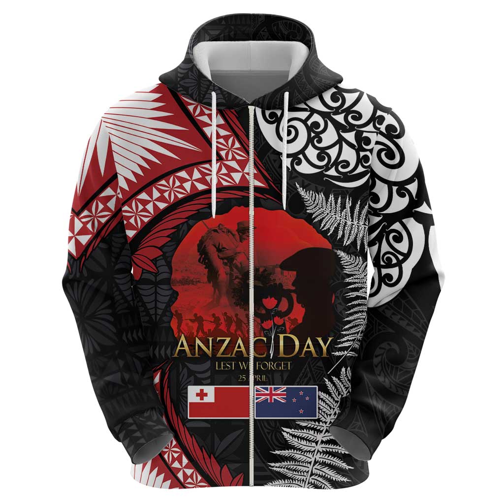 Tonga and New Zealand ANZAC Day Hoodie Gallipoli Lest We Forget Ngatu Art Tribal and Maori Tattoo with Fern LT03 - Polynesian Pride