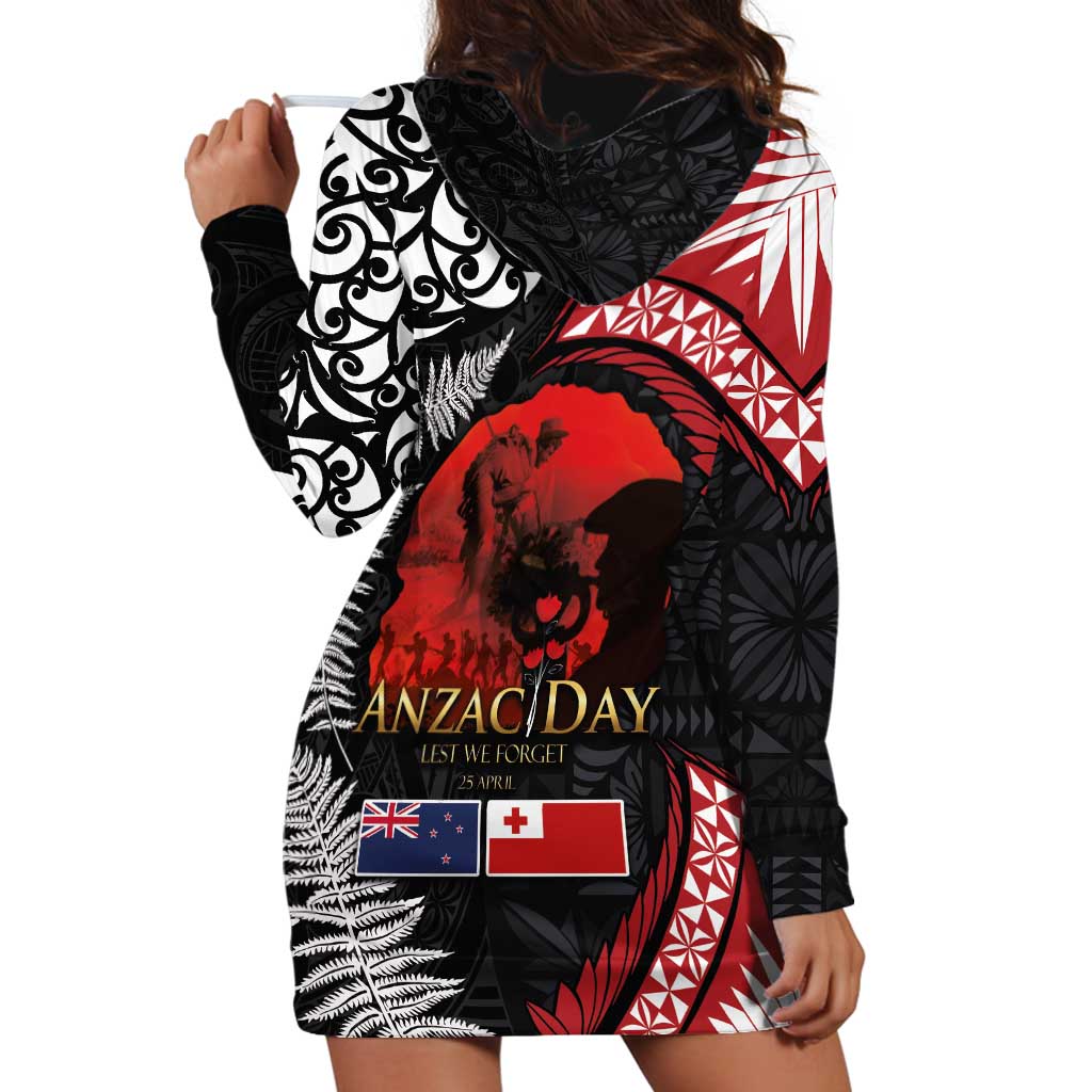 Tonga and New Zealand ANZAC Day Hoodie Dress Gallipoli Lest We Forget Ngatu Art Tribal and Maori Tattoo with Fern LT03 - Polynesian Pride