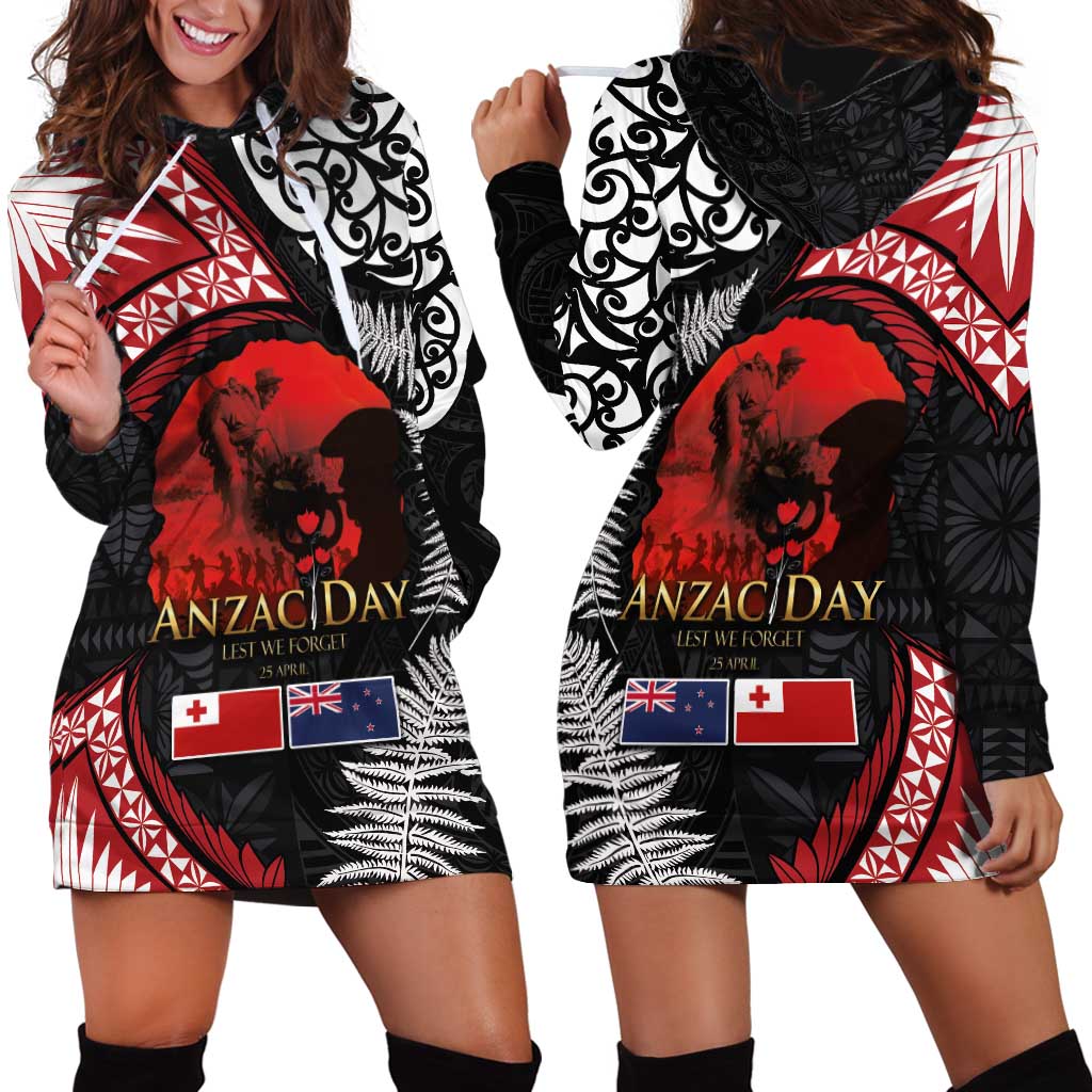 Tonga and New Zealand ANZAC Day Hoodie Dress Gallipoli Lest We Forget Ngatu Art Tribal and Maori Tattoo with Fern LT03 - Polynesian Pride
