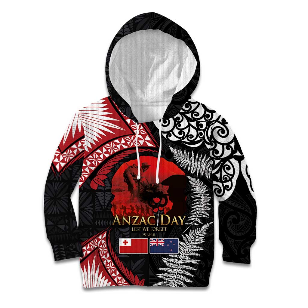 Tonga and New Zealand ANZAC Day Kid Hoodie Gallipoli Lest We Forget Ngatu Art Tribal and Maori Tattoo with Fern LT03 Hoodie Black - Polynesian Pride