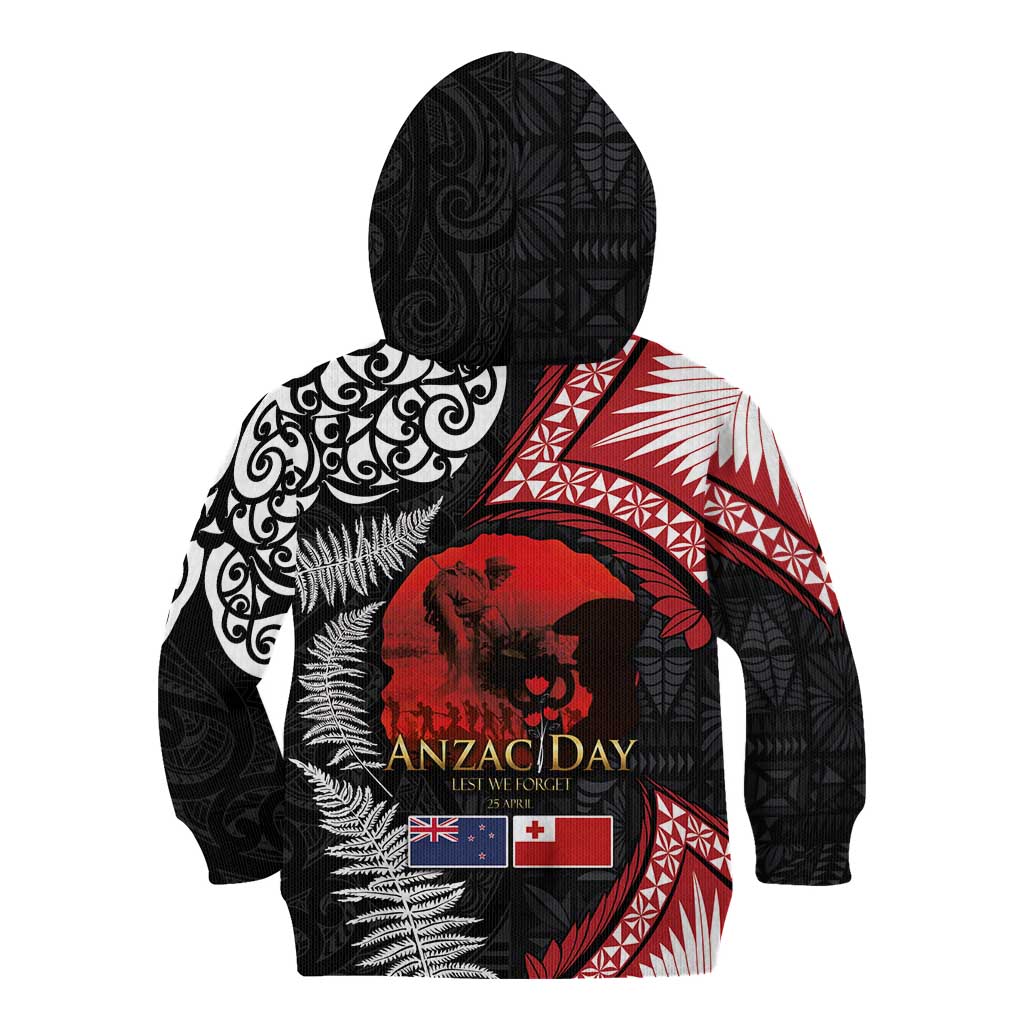 Tonga and New Zealand ANZAC Day Kid Hoodie Gallipoli Lest We Forget Ngatu Art Tribal and Maori Tattoo with Fern LT03 - Polynesian Pride