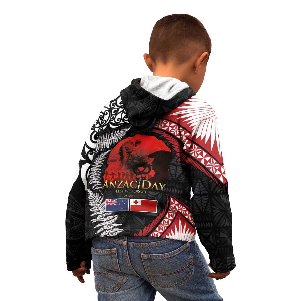 Tonga and New Zealand ANZAC Day Kid Hoodie Gallipoli Lest We Forget Ngatu Art Tribal and Maori Tattoo with Fern LT03 - Polynesian Pride
