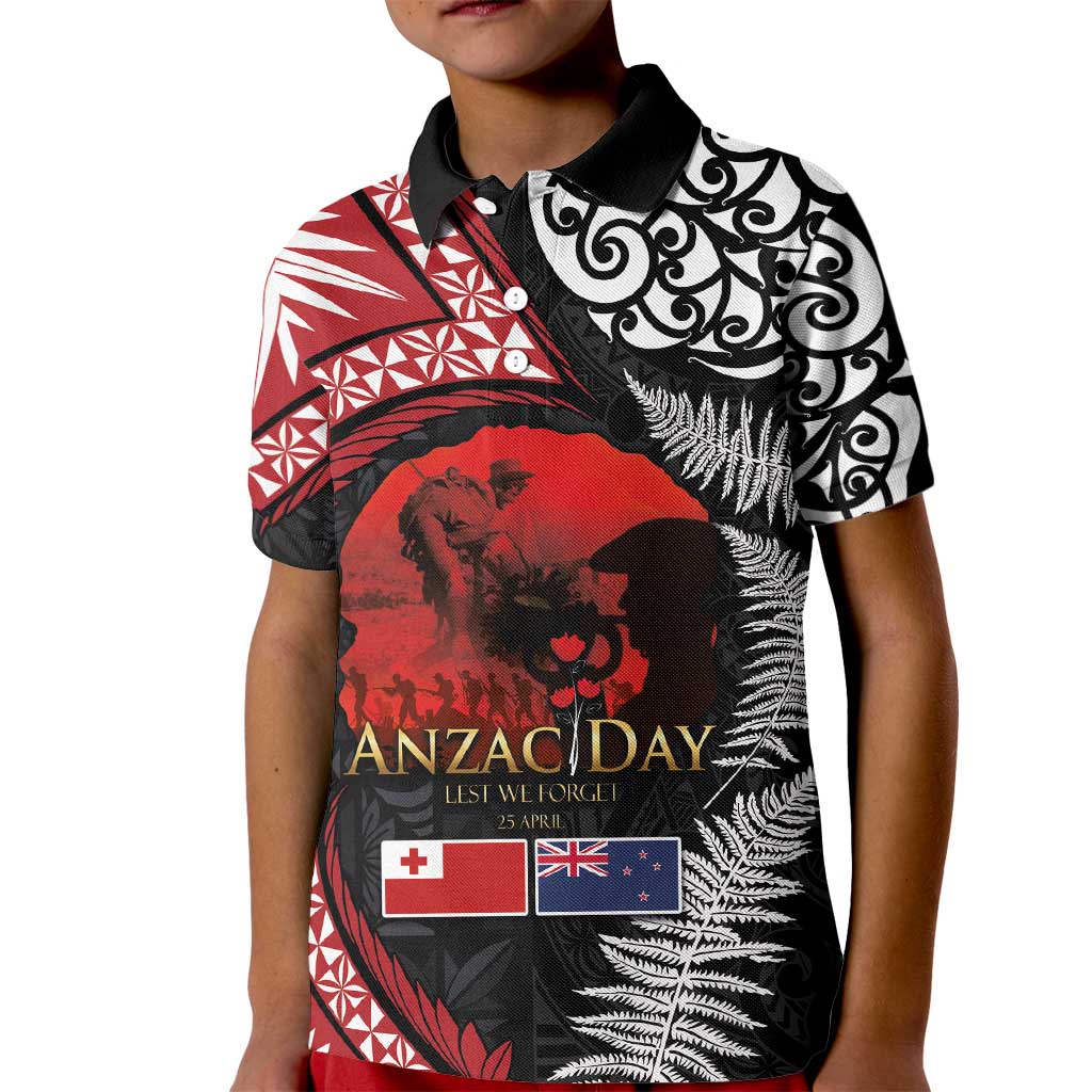 Tonga and New Zealand ANZAC Day Kid Polo Shirt Gallipoli Lest We Forget Ngatu Art Tribal and Maori Tattoo with Fern LT03 Kid Black - Polynesian Pride