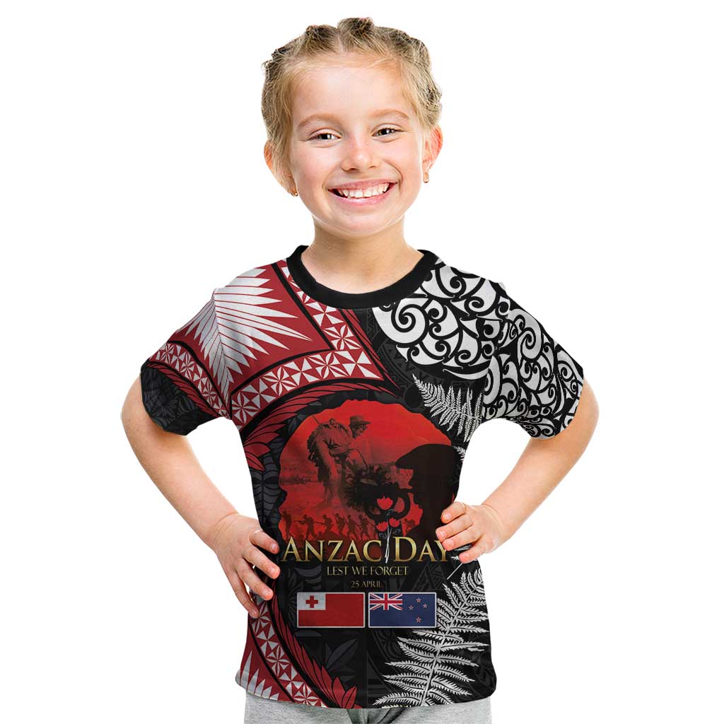 Tonga and New Zealand ANZAC Day Kid T Shirt Gallipoli Lest We Forget Ngatu Art Tribal and Maori Tattoo with Fern LT03 Black - Polynesian Pride