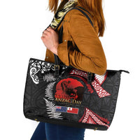 Tonga and New Zealand ANZAC Day Leather Tote Bag Gallipoli Lest We Forget Ngatu Art Tribal and Maori Tattoo with Fern LT03 Black - Polynesian Pride