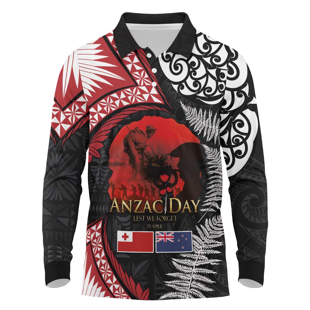 Tonga and New Zealand ANZAC Day Long Sleeve Polo Shirt Gallipoli Lest We Forget Ngatu Art Tribal and Maori Tattoo with Fern LT03 Black - Polynesian Pride