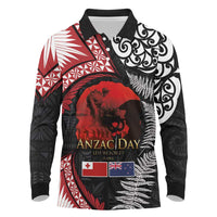 Tonga and New Zealand ANZAC Day Long Sleeve Polo Shirt Gallipoli Lest We Forget Ngatu Art Tribal and Maori Tattoo with Fern LT03 Black - Polynesian Pride