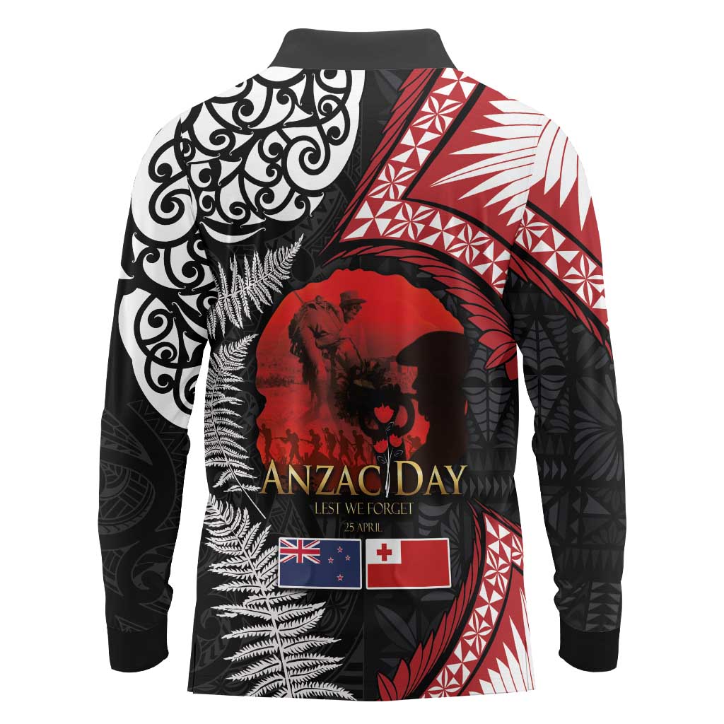 Tonga and New Zealand ANZAC Day Long Sleeve Polo Shirt Gallipoli Lest We Forget Ngatu Art Tribal and Maori Tattoo with Fern LT03 - Polynesian Pride