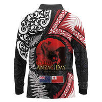 Tonga and New Zealand ANZAC Day Long Sleeve Polo Shirt Gallipoli Lest We Forget Ngatu Art Tribal and Maori Tattoo with Fern LT03 - Polynesian Pride