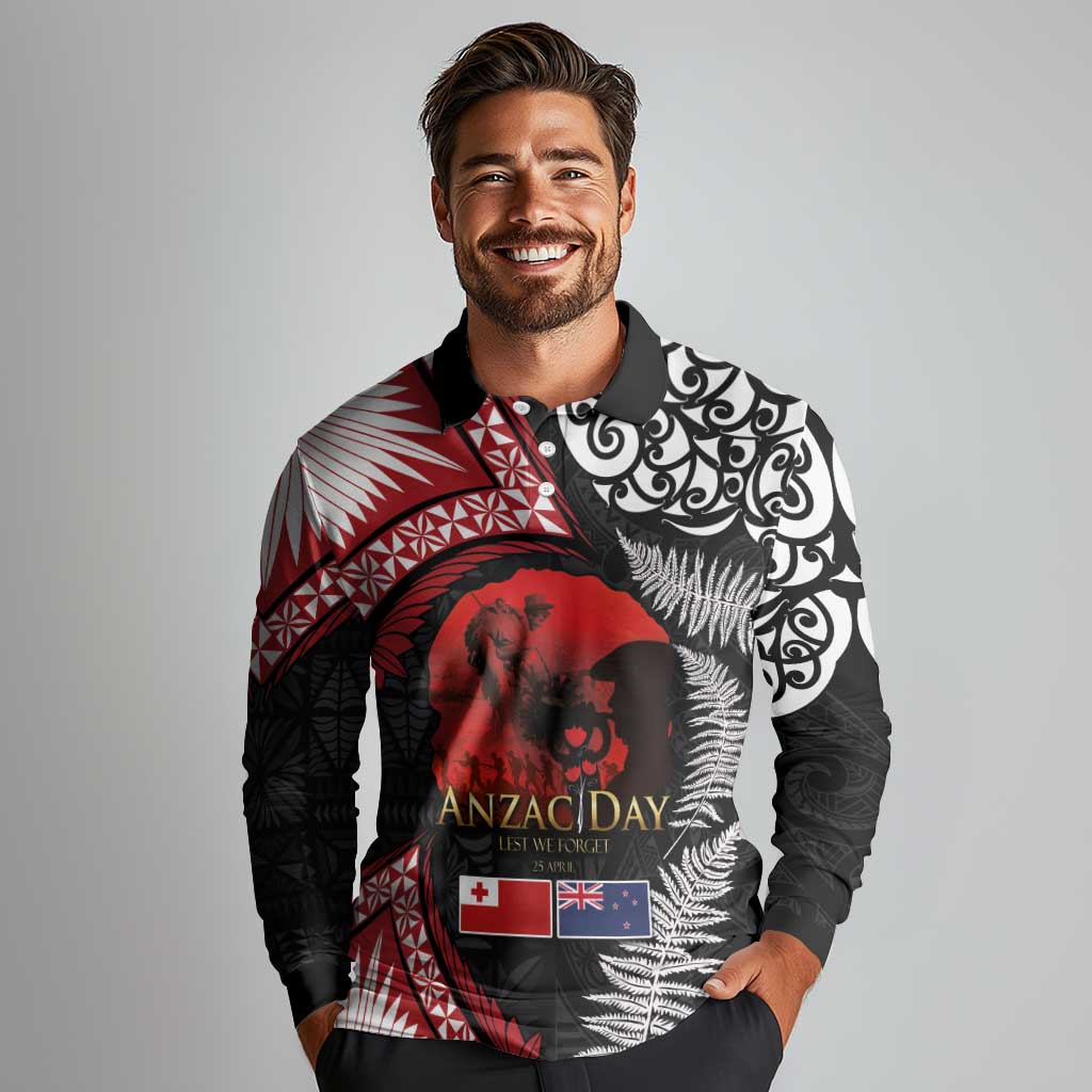 Tonga and New Zealand ANZAC Day Long Sleeve Polo Shirt Gallipoli Lest We Forget Ngatu Art Tribal and Maori Tattoo with Fern LT03 - Polynesian Pride