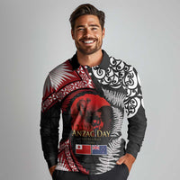 Tonga and New Zealand ANZAC Day Long Sleeve Polo Shirt Gallipoli Lest We Forget Ngatu Art Tribal and Maori Tattoo with Fern LT03 - Polynesian Pride