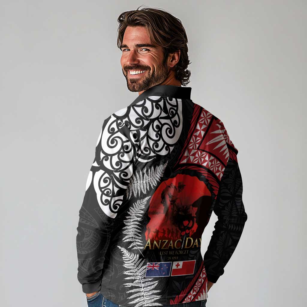 Tonga and New Zealand ANZAC Day Long Sleeve Polo Shirt Gallipoli Lest We Forget Ngatu Art Tribal and Maori Tattoo with Fern LT03 - Polynesian Pride