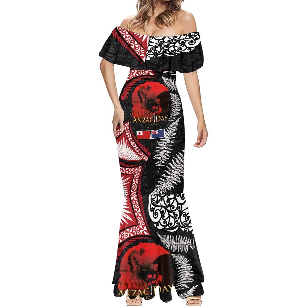 Tonga and New Zealand ANZAC Day Mermaid Dress Gallipoli Lest We Forget Ngatu Art Tribal and Maori Tattoo with Fern LT03 - Polynesian Pride