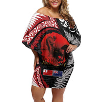 Tonga and New Zealand ANZAC Day Off Shoulder Short Dress Gallipoli Lest We Forget Ngatu Art Tribal and Maori Tattoo with Fern LT03 Women Black - Polynesian Pride