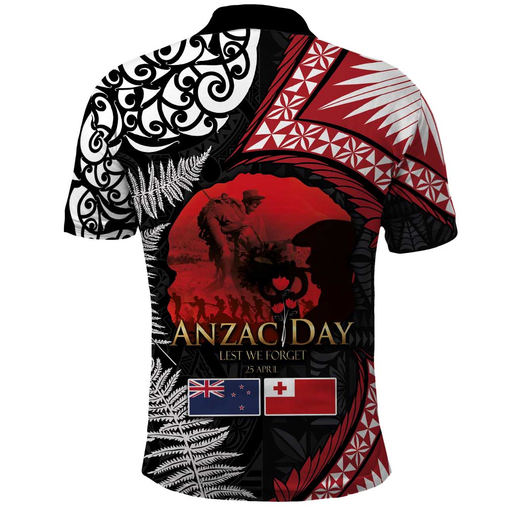 Tonga and New Zealand ANZAC Day Polo Shirt Gallipoli Lest We Forget Ngatu Art Tribal and Maori Tattoo with Fern LT03 - Polynesian Pride