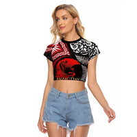 Tonga and New Zealand ANZAC Day Raglan Cropped T Shirt Gallipoli Lest We Forget Ngatu Art Tribal and Maori Tattoo with Fern LT03 Female Black - Polynesian Pride