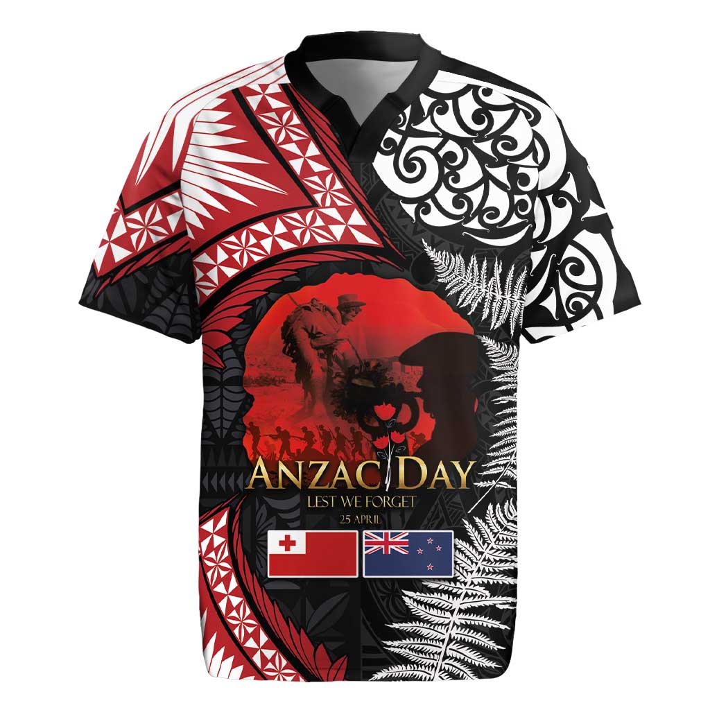 Tonga and New Zealand ANZAC Day Rugby Jersey Gallipoli Lest We Forget Ngatu Art Tribal and Maori Tattoo with Fern LT03 Black - Polynesian Pride