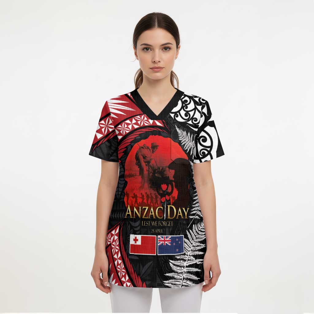 Tonga and New Zealand ANZAC Day Scrub Top Gallipoli Lest We Forget Ngatu Art Tribal and Maori Tattoo with Fern LT03 - Polynesian Pride