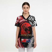 Tonga and New Zealand ANZAC Day Scrub Top Gallipoli Lest We Forget Ngatu Art Tribal and Maori Tattoo with Fern LT03 - Polynesian Pride