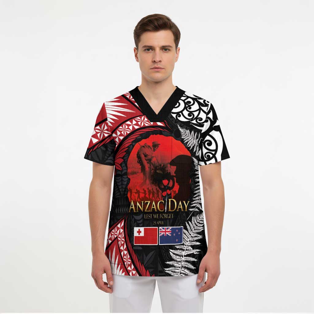 Tonga and New Zealand ANZAC Day Scrub Top Gallipoli Lest We Forget Ngatu Art Tribal and Maori Tattoo with Fern LT03 - Polynesian Pride