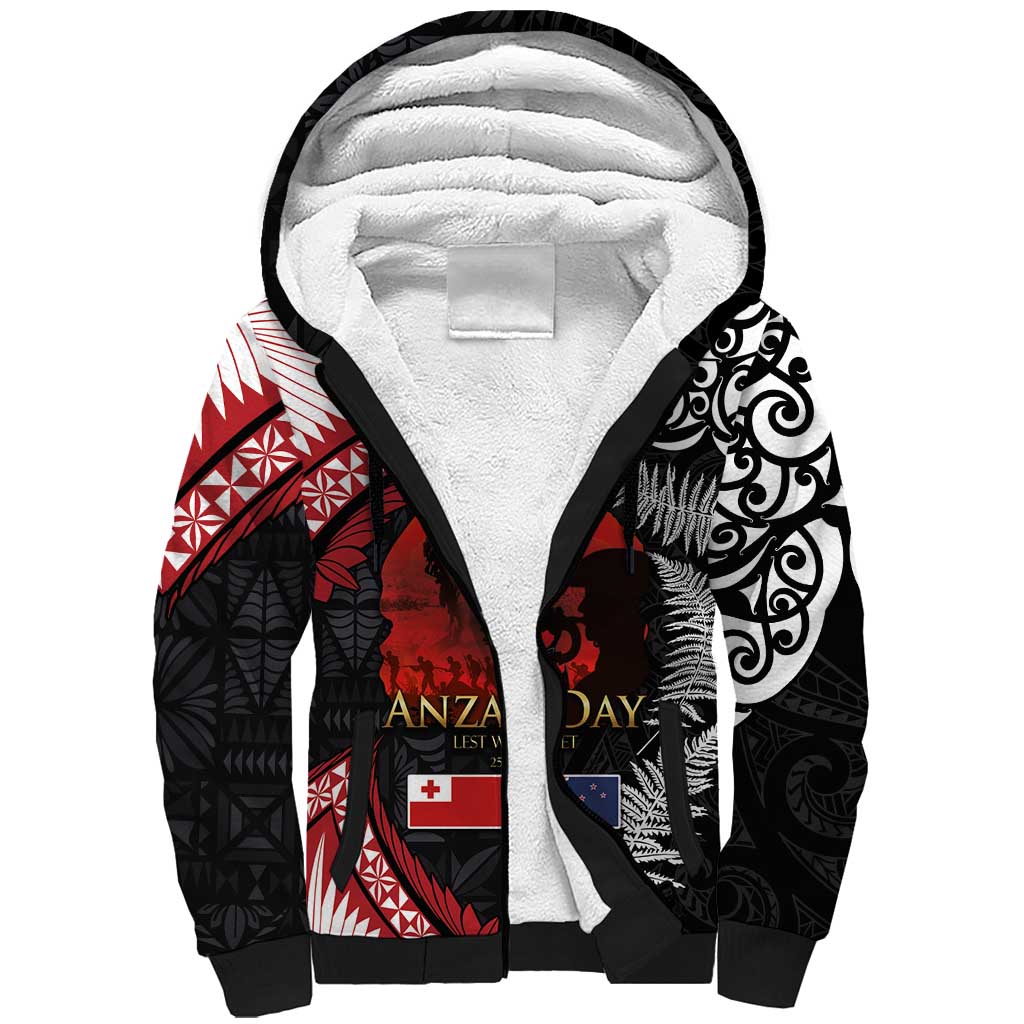 Tonga and New Zealand ANZAC Day Sherpa Hoodie Gallipoli Lest We Forget Ngatu Art Tribal and Maori Tattoo with Fern LT03 Unisex Black - Polynesian Pride