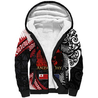 Tonga and New Zealand ANZAC Day Sherpa Hoodie Gallipoli Lest We Forget Ngatu Art Tribal and Maori Tattoo with Fern LT03 Unisex Black - Polynesian Pride