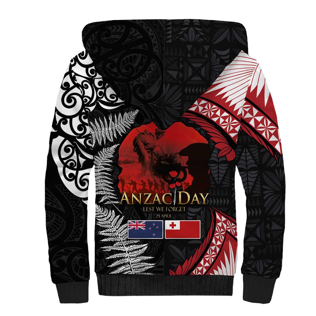 Tonga and New Zealand ANZAC Day Sherpa Hoodie Gallipoli Lest We Forget Ngatu Art Tribal and Maori Tattoo with Fern LT03 - Polynesian Pride
