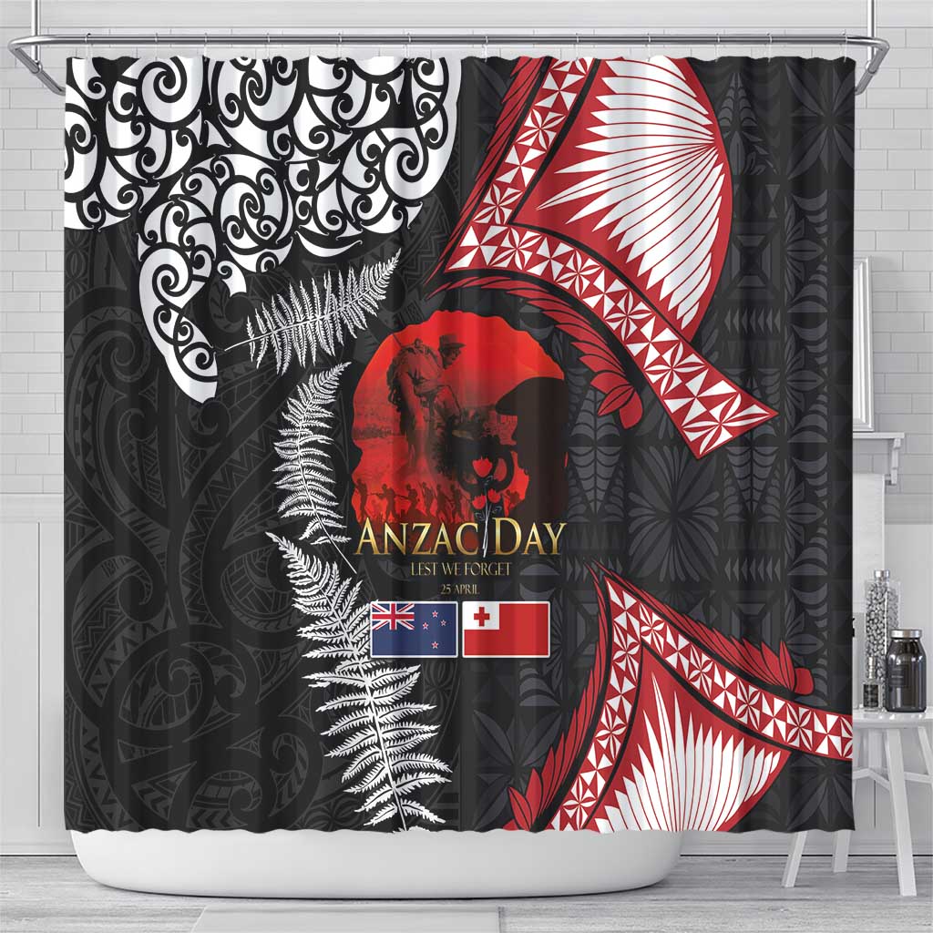 Tonga and New Zealand ANZAC Day Shower Curtain Gallipoli Lest We Forget Ngatu Art Tribal and Maori Tattoo with Fern LT03 - Polynesian Pride