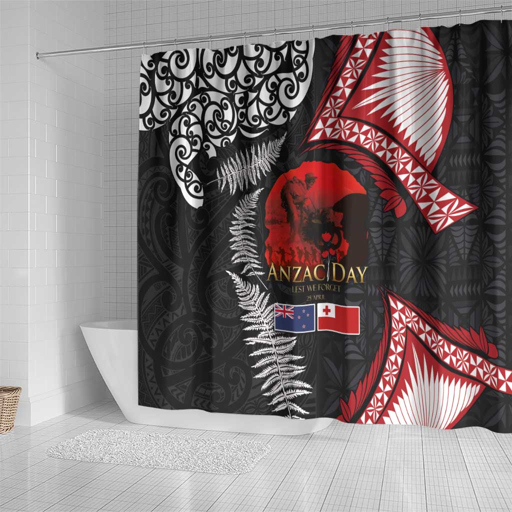 Tonga and New Zealand ANZAC Day Shower Curtain Gallipoli Lest We Forget Ngatu Art Tribal and Maori Tattoo with Fern LT03 - Polynesian Pride