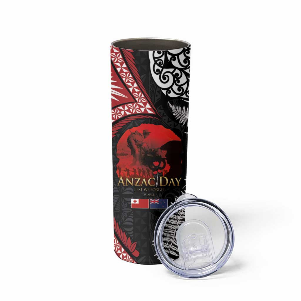 Tonga and New Zealand ANZAC Day Skinny Tumbler Gallipoli Lest We Forget-Ngatu Art Tribal and Maori Tattoo with Fern LT03 - Polynesian Pride