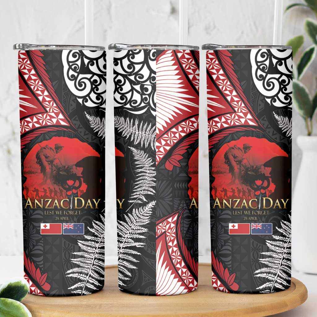 Tonga and New Zealand ANZAC Day Skinny Tumbler Gallipoli Lest We Forget-Ngatu Art Tribal and Maori Tattoo with Fern LT03 - Polynesian Pride