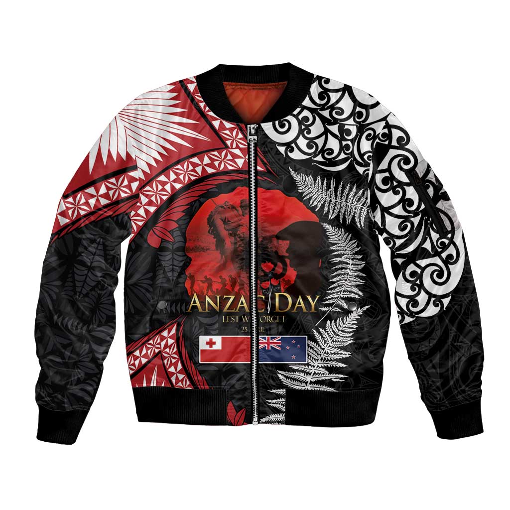 Tonga and New Zealand ANZAC Day Sleeve Zip Bomber Jacket Gallipoli Lest We Forget Ngatu Art Tribal and Maori Tattoo with Fern LT03 Unisex Black - Polynesian Pride