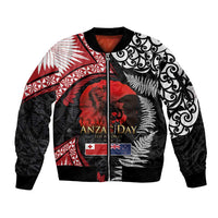 Tonga and New Zealand ANZAC Day Sleeve Zip Bomber Jacket Gallipoli Lest We Forget Ngatu Art Tribal and Maori Tattoo with Fern LT03 Unisex Black - Polynesian Pride