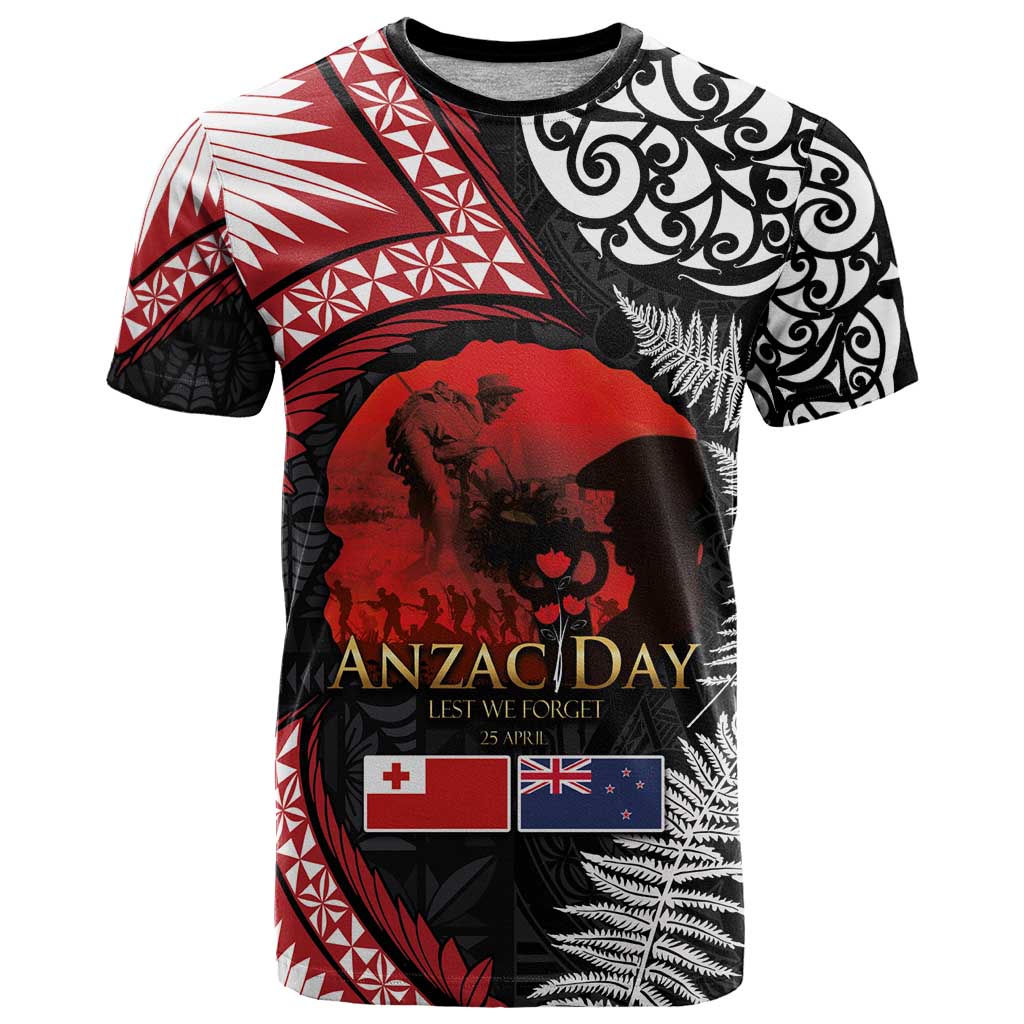Tonga and New Zealand ANZAC Day T Shirt Gallipoli Lest We Forget Ngatu Art Tribal and Maori Tattoo with Fern LT03 Black - Polynesian Pride