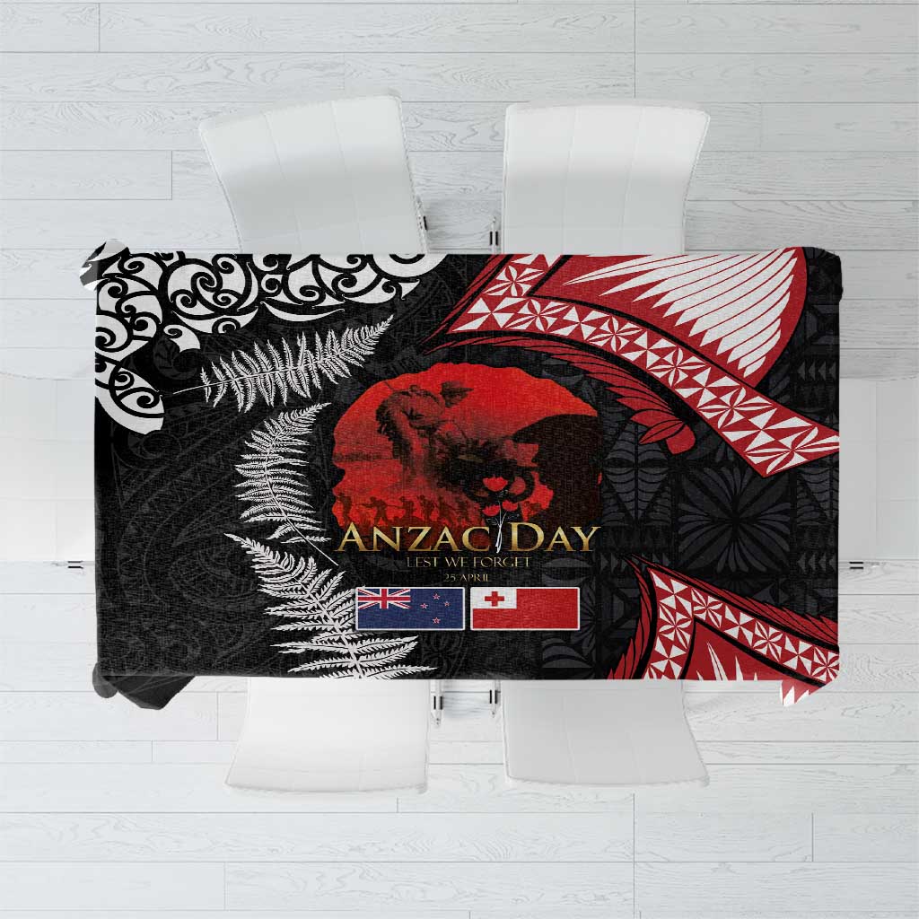Tonga and New Zealand ANZAC Day Tablecloth Gallipoli Lest We Forget Ngatu Art Tribal and Maori Tattoo with Fern LT03 Black - Polynesian Pride