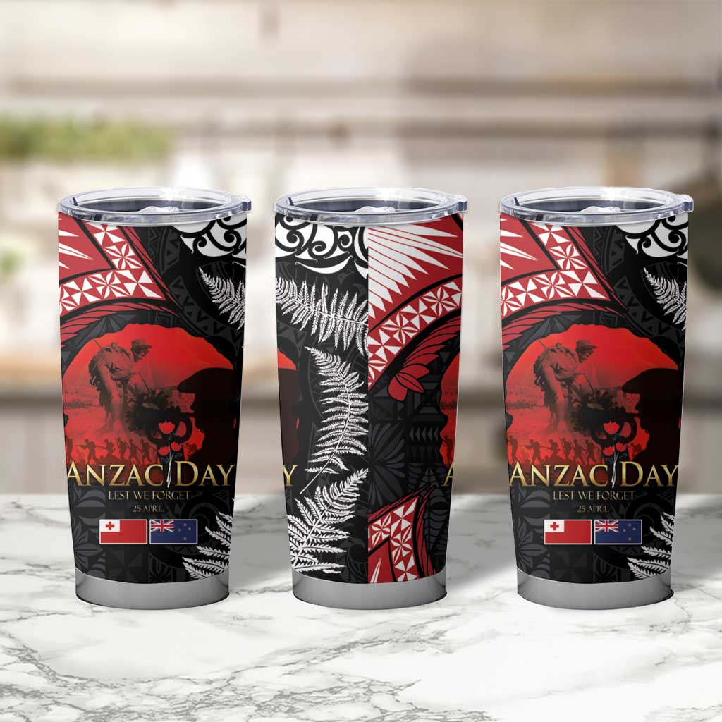 Tonga and New Zealand ANZAC Day Tumbler Cup Gallipoli Lest We Forget-Ngatu Art Tribal and Maori Tattoo with Fern LT03 - Polynesian Pride