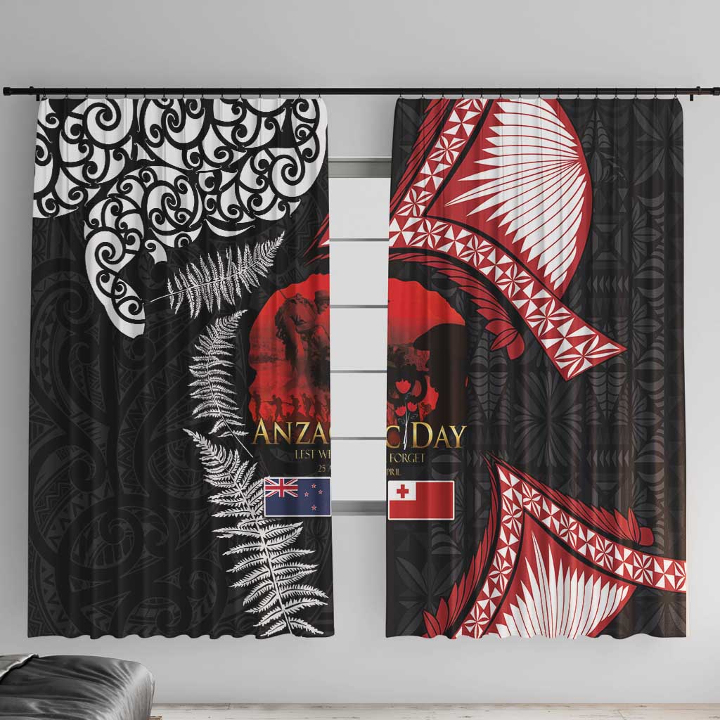 Tonga and New Zealand ANZAC Day Window Curtain Gallipoli Lest We Forget Ngatu Art Tribal and Maori Tattoo with Fern LT03 With Hooks Black - Polynesian Pride