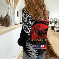 Tonga and New Zealand ANZAC Day Women Casual Shirt Gallipoli Lest We Forget Ngatu Art Tribal and Maori Tattoo with Fern LT03