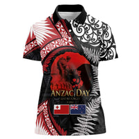 Tonga and New Zealand ANZAC Day Women Polo Shirt Gallipoli Lest We Forget Ngatu Art Tribal and Maori Tattoo with Fern LT03