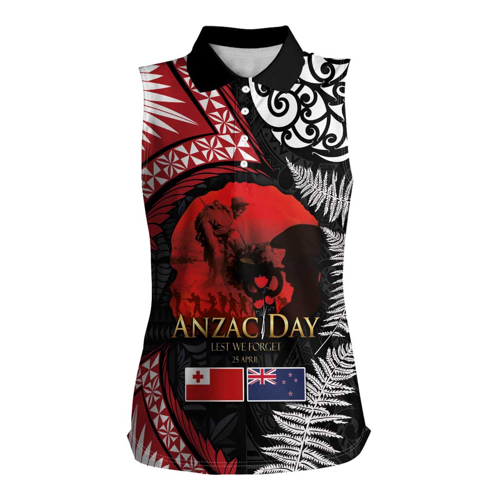 Tonga and New Zealand ANZAC Day Women Sleeveless Polo Shirt Gallipoli Lest We Forget Ngatu Art Tribal and Maori Tattoo with Fern LT03 Female Black - Polynesian Pride